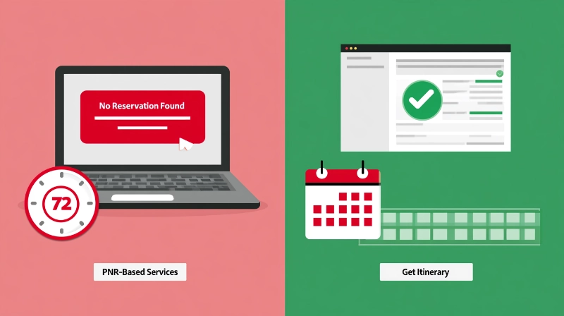 Side-by-side comparison showing PNR reservation expiring in 72 hours with red error message versus Get Itinerary portal showing active verification throughout visa processing period